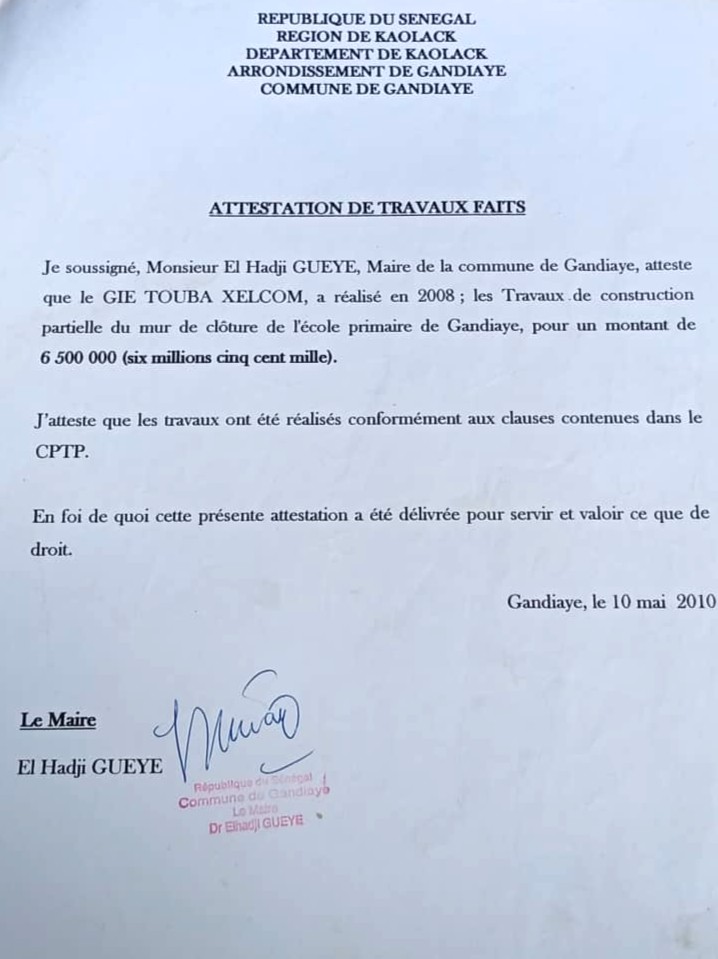 Attestation Mairie Gandiaye